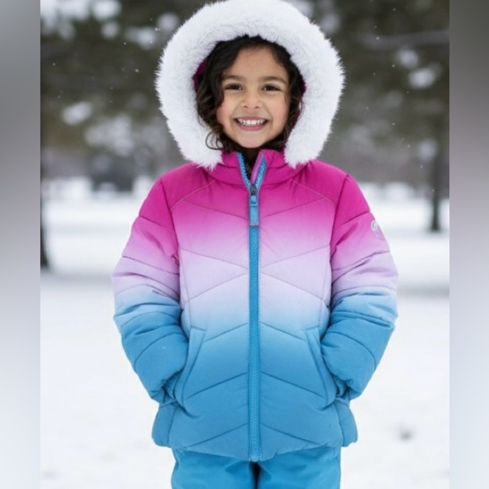 Snozu pink, blue white ombré puffer hooded  jacket, faux fur trim, pockets, 3T